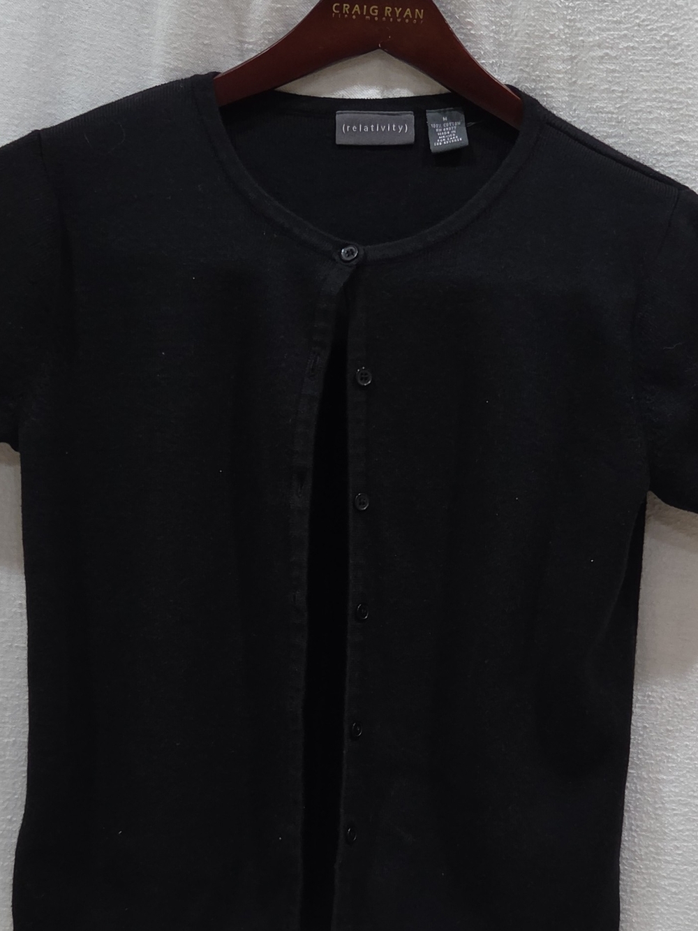 Relativity Womens M Regular Black Solid Knit Cotton Crew Neck SS Cardigan Button